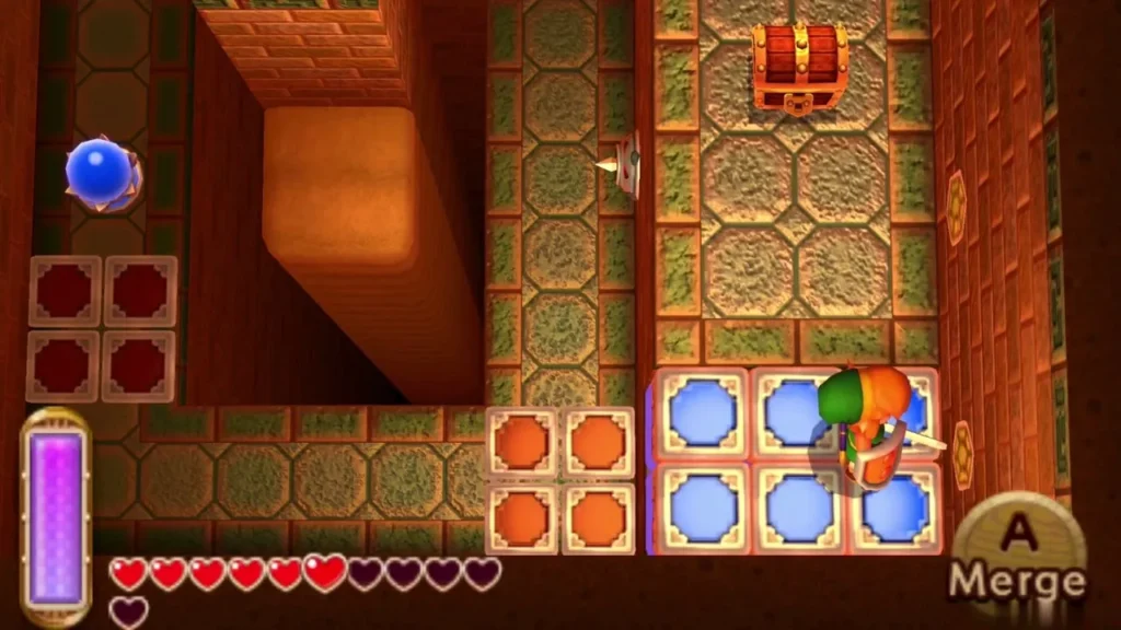 Link crossing the raised blue blocks toward the northeast side of the room Link crossing the raised blue blocks toward the northeast side of the room
