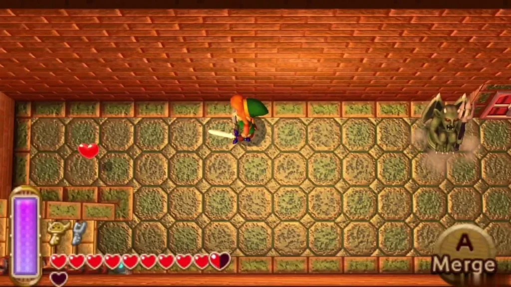 Link slashing at a gargoyle on the tiled floor of the sand room Link slashing at a gargoyle on the tiled floor of the sand room