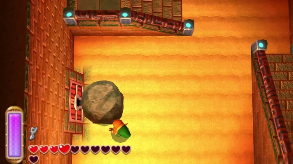Link lifting a boulder in front of the locked door in the Desert Palace Link lifting a boulder in front of the locked door in the Desert Palace
