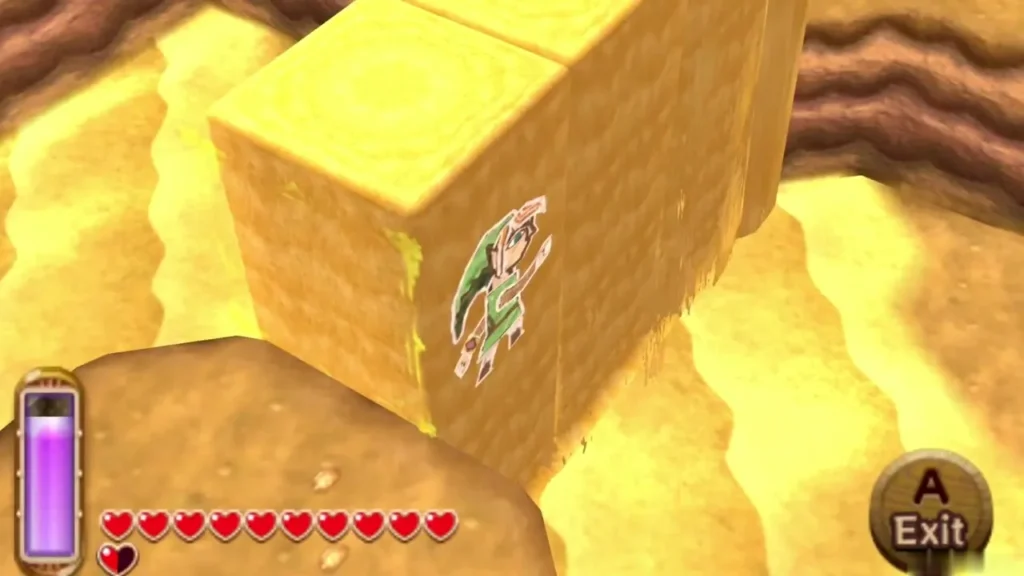 Link merged into the side of a golden sand block like a painting on a wall Link merged into the side of a golden sand block like a painting on a wall