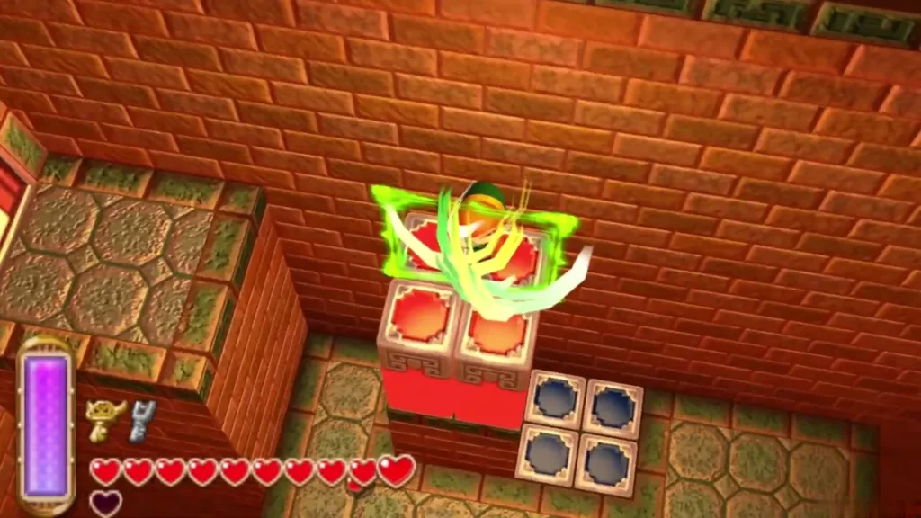 Link merged into the ceiling wall above the red blocks as they rise Link merged into the ceiling wall above the red blocks as they rise