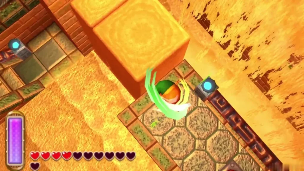 Link slashing on the tiled platform beside a raised golden block Link slashing on the tiled platform beside a raised golden block