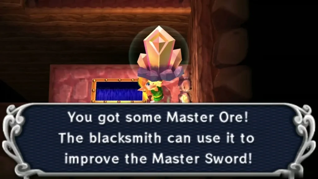 Link raising a glowing Master Ore over his head, with the blacksmith message box Link raising a glowing Master Ore over his head, with the blacksmith message box