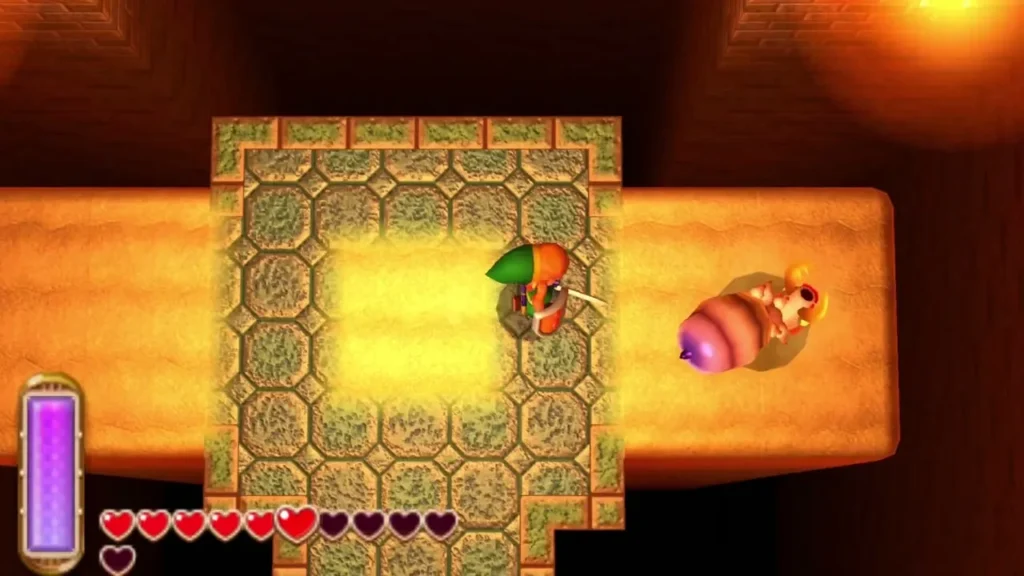 Link on a tiled platform facing a purple sand creature in the Desert Palace Link on a tiled platform facing a purple sand creature in the Desert Palace