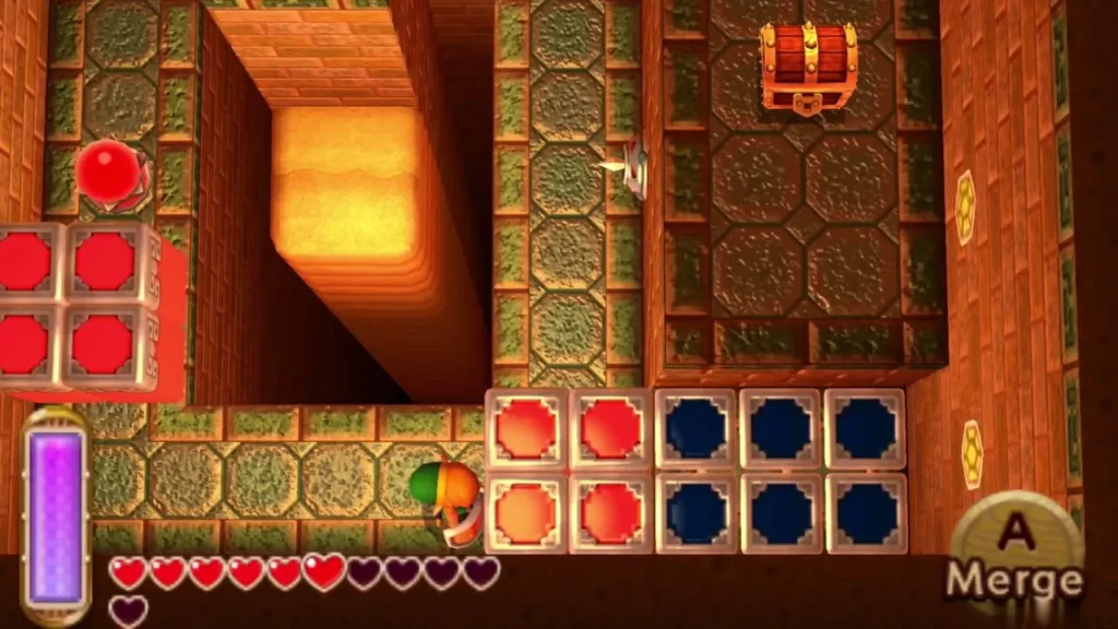 Raised red blocks and lowered blue blocks in the room with a chest above Raised red blocks and lowered blue blocks in the room with a chest above
