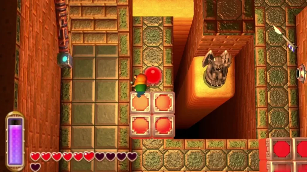 Link beside the red crystal switch with raised red blocks and a gargoyle statue nearby Link beside the red crystal switch with raised red blocks and a gargoyle statue nearby