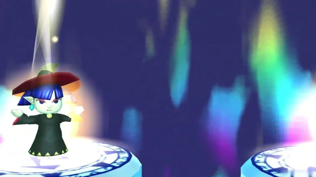 A freed Sage in a wide-brimmed hat glows on a pedestal in the sanctuary as light rises behind him A freed Sage in a wide-brimmed hat glows on a pedestal in the sanctuary as light rises behind him