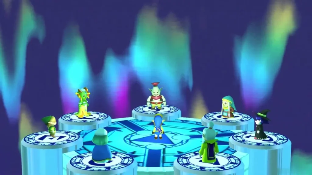 Link stands at the center of the Sages' sanctuary with the seven Sages on pedestals around him Link stands at the center of the Sages' sanctuary with the seven Sages on pedestals around him