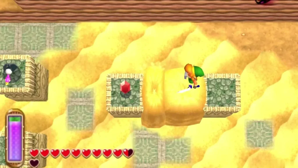 Link standing on a raised sand pillar between stone blocks in the desert Link standing on a raised sand pillar between stone blocks in the desert
