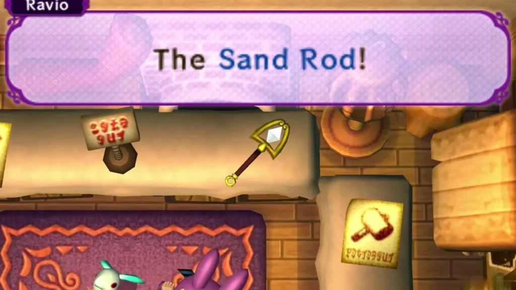 The Sand Rod sits on Ravio's shop counter under a message naming it The Sand Rod sits on Ravio's shop counter under a message naming it