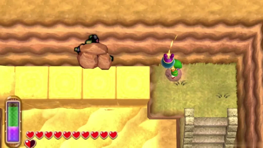 Link raising a sand pillar with the Sand Rod beside the desert cliff edge Link raising a sand pillar with the Sand Rod beside the desert cliff edge