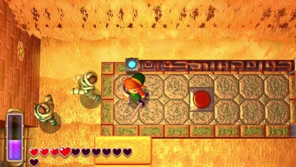 Link standing on the tiled platform beside the red floor switch in the sand room Link standing on the tiled platform beside the red floor switch in the sand room