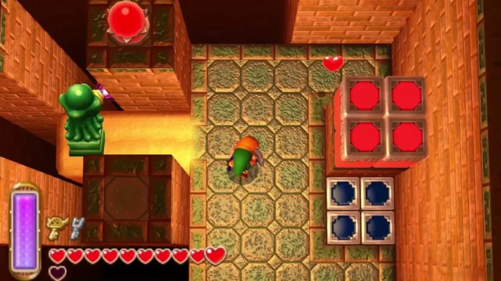 Link beside the green Beamos statue and the blue and red block switches in the sand room Link beside the green Beamos statue and the blue and red block switches in the sand room