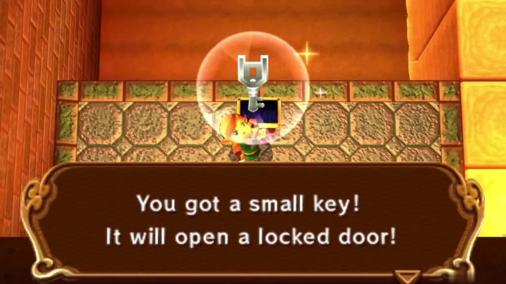 Link holding up a Small Key, with the box saying it opens a locked door Link holding up a Small Key, with the box saying it opens a locked door