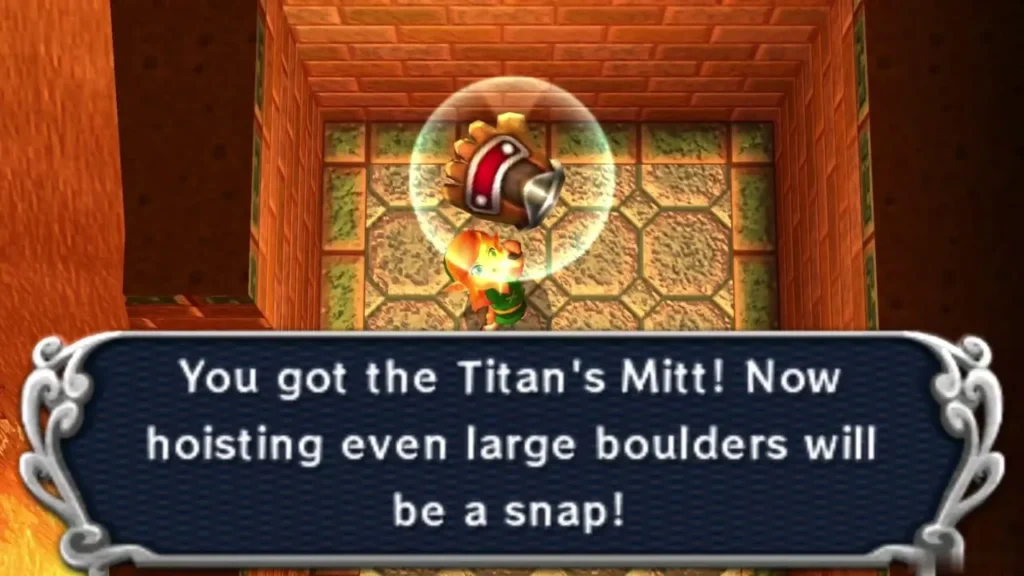 Link holding up the Titan's Mitt in a chamber of the Desert Palace Link holding up the Titan's Mitt in a chamber of the Desert Palace
