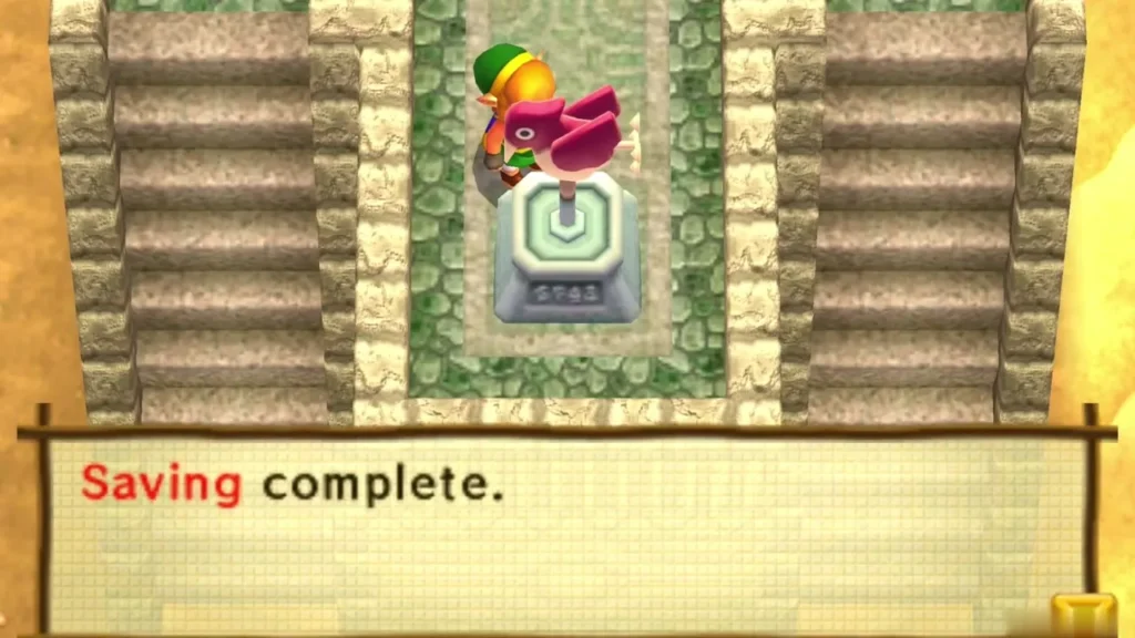 Saving complete message shown beside Link at the Weather Vane save point Saving complete message shown beside Link at the Weather Vane save point