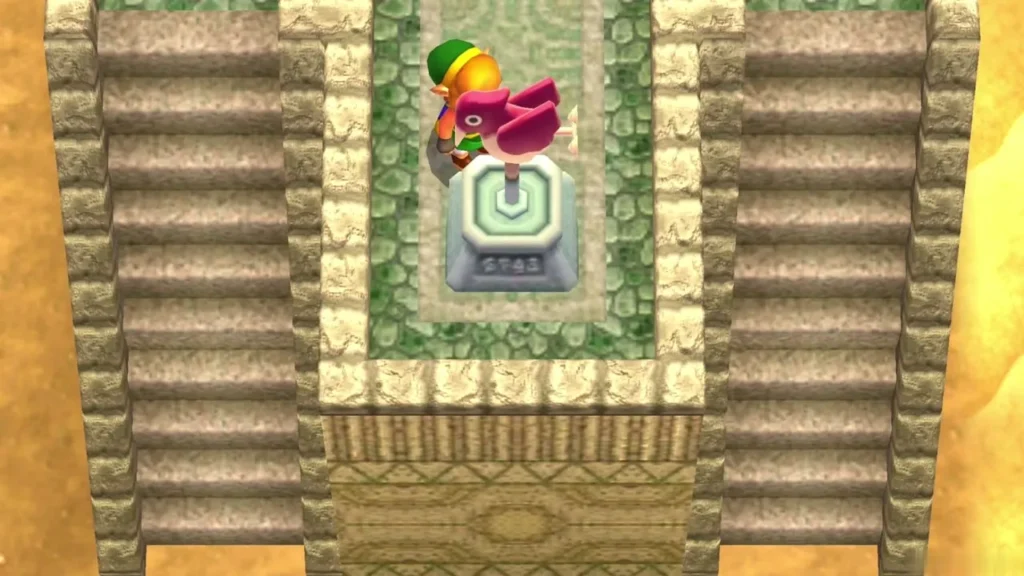 Link standing at the Weather Vane on its stone pedestal in the desert Link standing at the Weather Vane on its stone pedestal in the desert