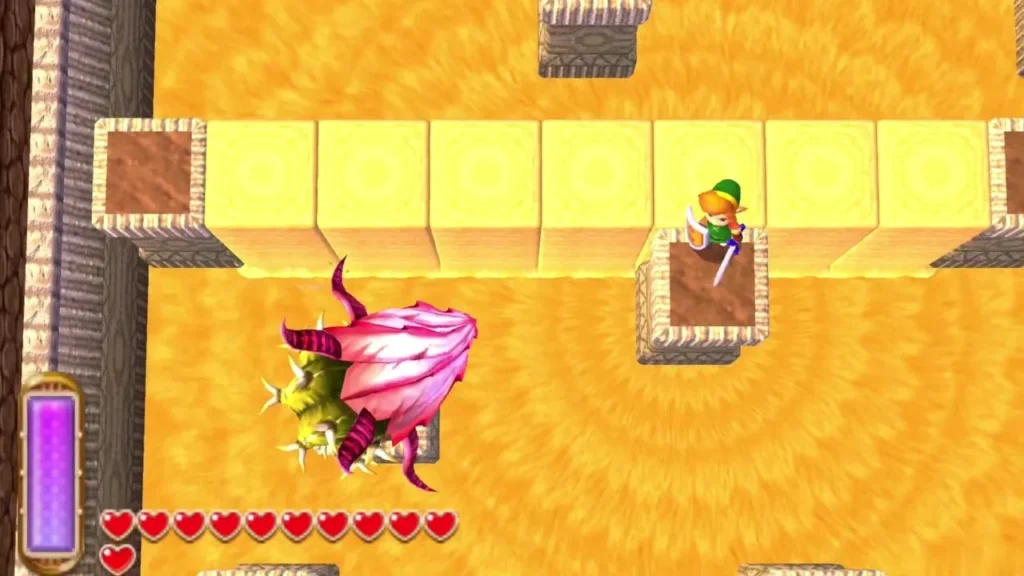 Zaganaga burrowing beneath a row of sand blocks with Link waiting at the far end Zaganaga burrowing beneath a row of sand blocks with Link waiting at the far end
