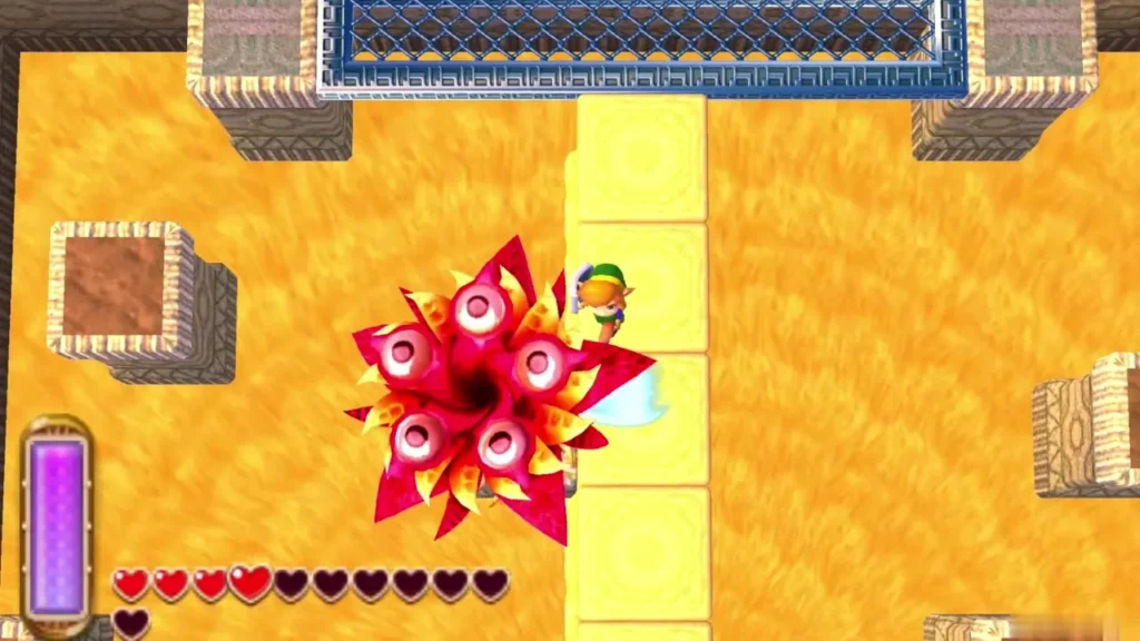 Zaganaga with a ring of eyes in its open flower, Link attacking from a sand bridge Zaganaga with a ring of eyes in its open flower, Link attacking from a sand bridge