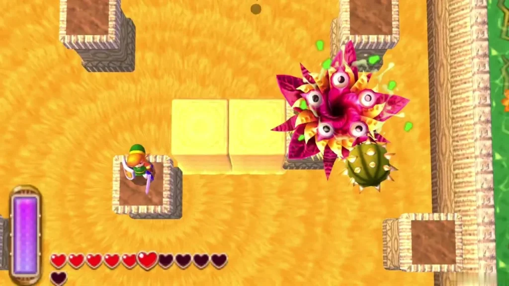 Zaganaga with its flower opened to show its eyes, Link on a sand block nearby Zaganaga with its flower opened to show its eyes, Link on a sand block nearby