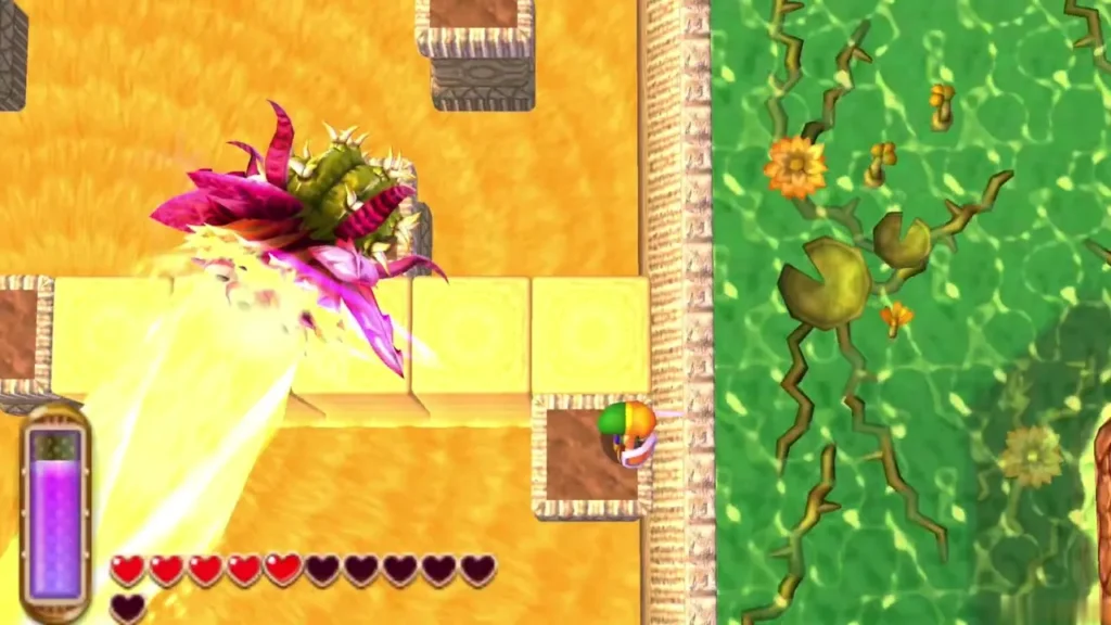 Zaganaga firing a sand beam across the arena while Link runs along the quicksand edge Zaganaga firing a sand beam across the arena while Link runs along the quicksand edge