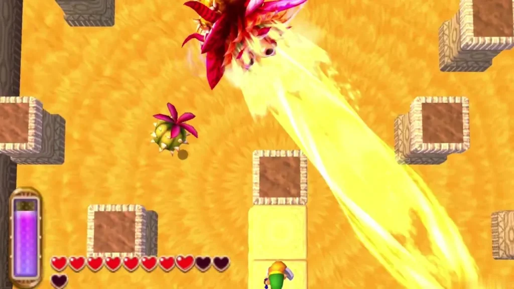 Zaganaga's yellow sand blast sweeps across the desert arena as Link dodges Zaganaga's yellow sand blast sweeps across the desert arena as Link dodges