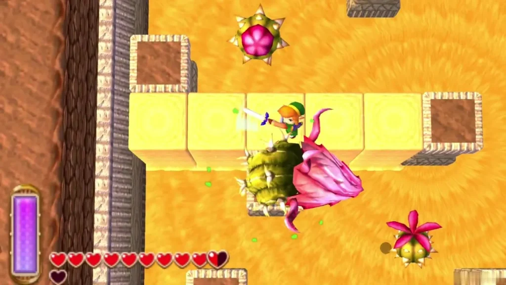 Link slashing Zaganaga beside a sand bridge while Peahats fly around the arena Link slashing Zaganaga beside a sand bridge while Peahats fly around the arena