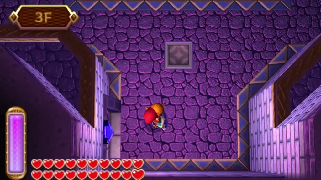 Link in the 3F hall under the 3F banner, with a stone tile set in the wall ahead Link in the 3F hall under the 3F banner, with a stone tile set in the wall ahead