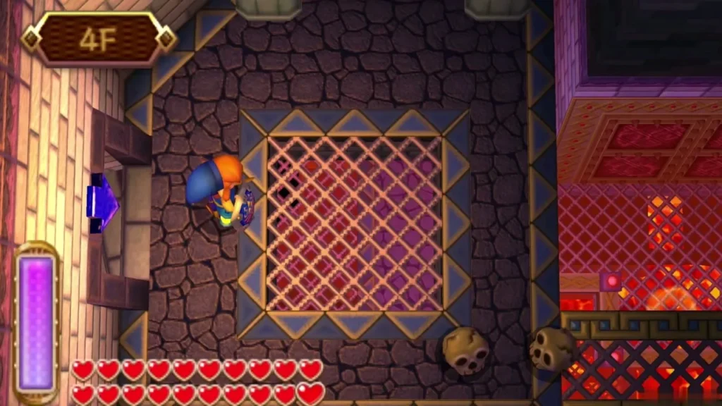 Link on the 4F landing beside a lattice floor, with the 4F banner at the top of the screen Link on the 4F landing beside a lattice floor, with the 4F banner at the top of the screen