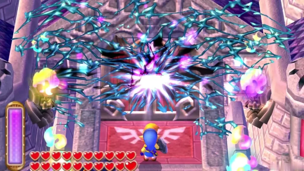 Link at the castle gate as the barrier shatters in a flash of light Link at the castle gate as the barrier shatters in a flash of light