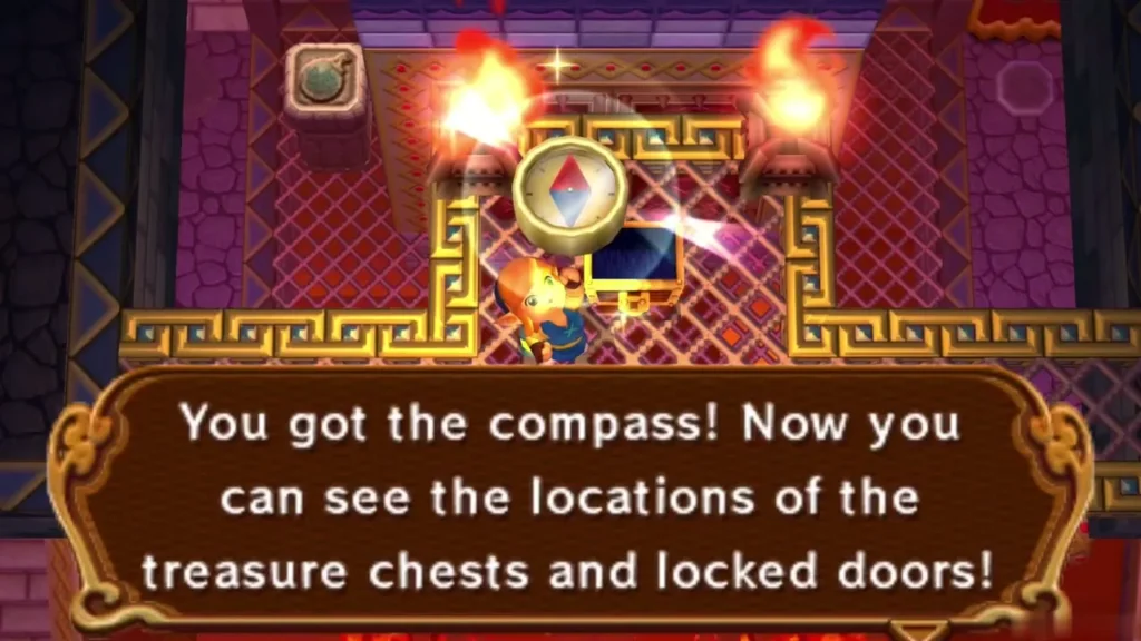 Link holding up the Compass under the box that says it shows chests and locked doors Link holding up the Compass under the box that says it shows chests and locked doors