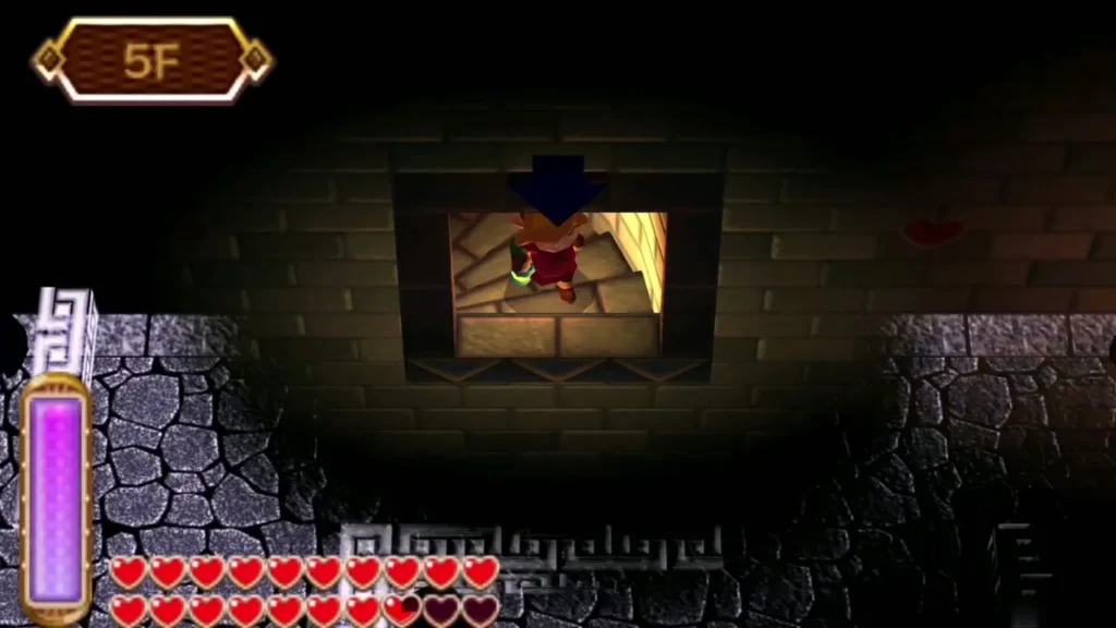 Link on the stairs in a doorway of a dark stone room, with a 5F banner at the top left Link on the stairs in a doorway of a dark stone room, with a 5F banner at the top left