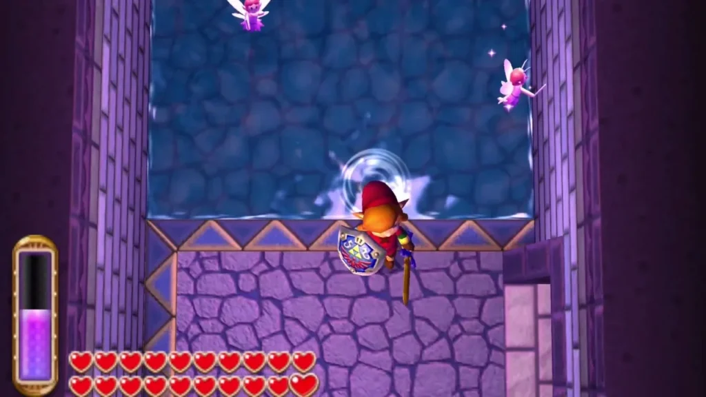 Link beside the Fairy water pool on 2F with fairies fluttering above the water Link beside the Fairy water pool on 2F with fairies fluttering above the water