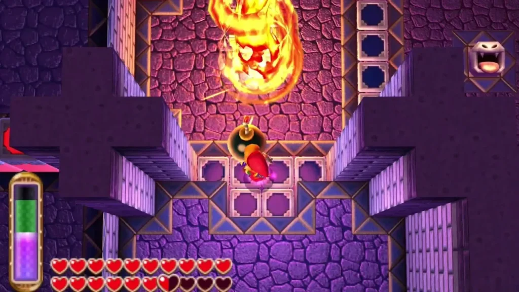 Link near a fire pillar on the switch-tile floor of the room before the next door Link near a fire pillar on the switch-tile floor of the room before the next door