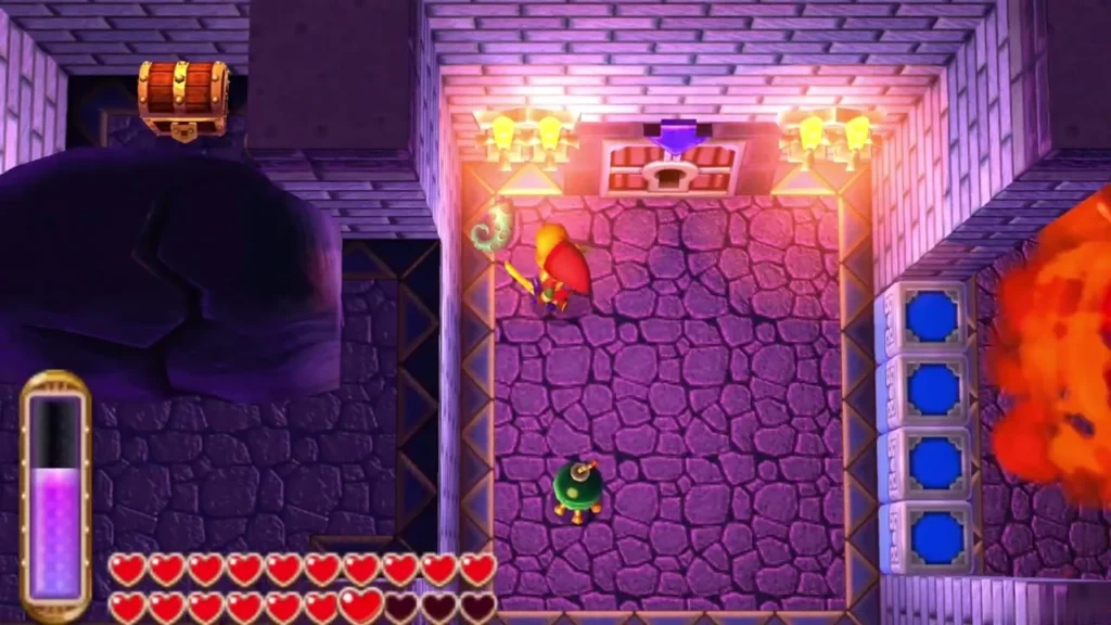 Link in a fire and switch-tile room with a green enemy below him Link in a fire and switch-tile room with a green enemy below him