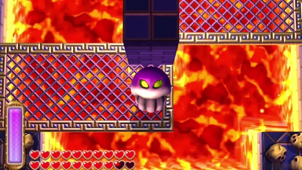 A purple round creature with glowing green eyes and fangs drifts over the lava grate A purple round creature with glowing green eyes and fangs drifts over the lava grate