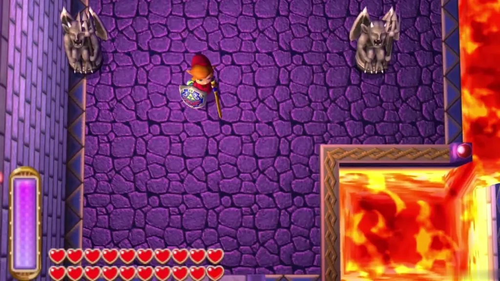 Link in a purple-tiled hall between two stone gargoyle statues beside a lava pit Link in a purple-tiled hall between two stone gargoyle statues beside a lava pit