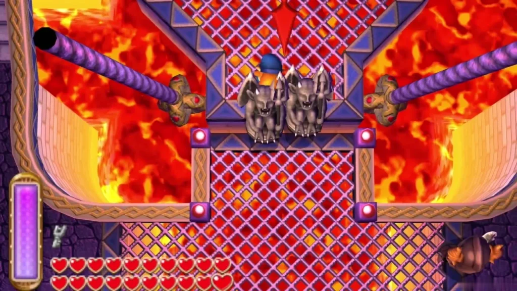 Link behind two stone gargoyle statues at the north edge of a lattice platform over lava Link behind two stone gargoyle statues at the north edge of a lattice platform over lava