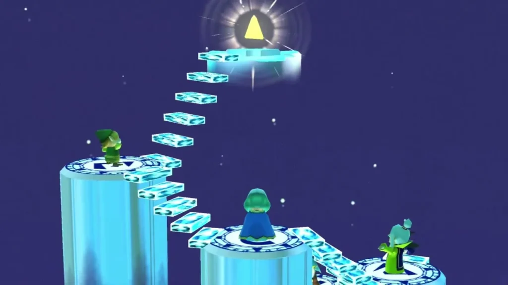 Glowing blocks rising in a stairway toward the Triforce symbol above the Sages' platforms Glowing blocks rising in a stairway toward the Triforce symbol above the Sages' platforms