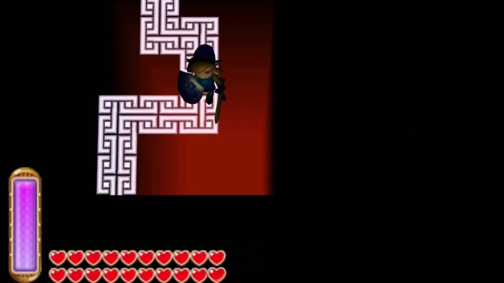 Link walking the glowing white path across the dark pit Link walking the glowing white path across the dark pit