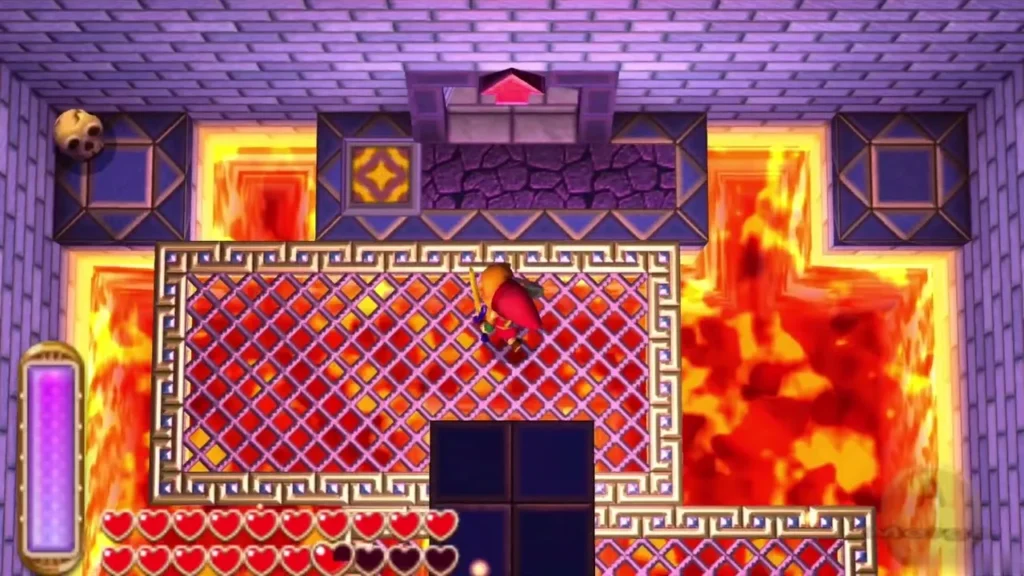 Link crossing the gold carpet room over lava toward the second exit Link crossing the gold carpet room over lava toward the second exit