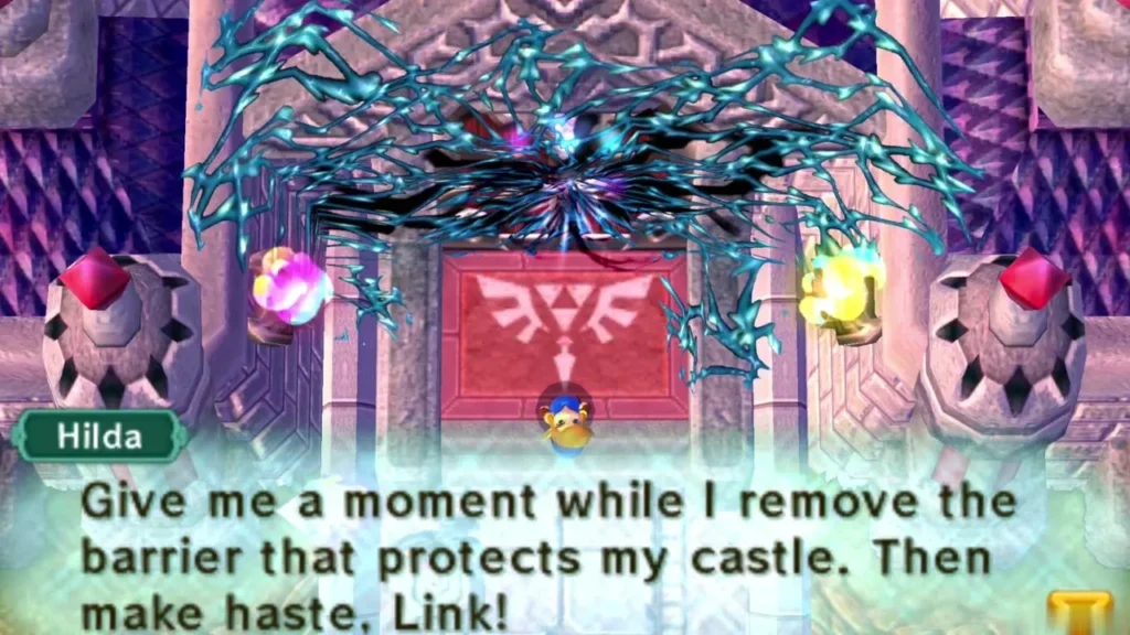 Hilda asking Link to hurry while she removes the barrier around her castle Hilda asking Link to hurry while she removes the barrier around her castle