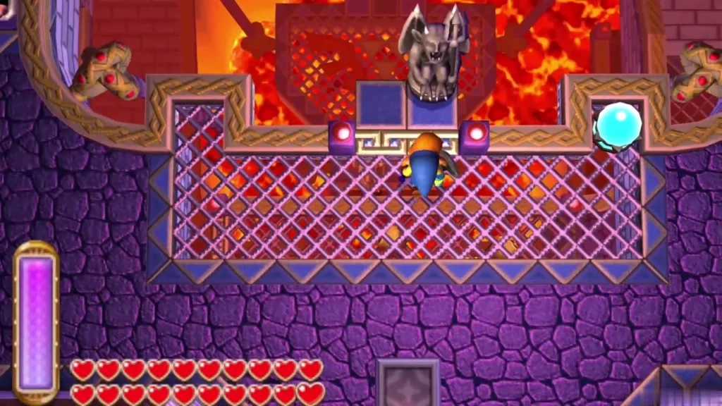 Link on a lattice walkway below a gargoyle statue on 2F Link on a lattice walkway below a gargoyle statue on 2F