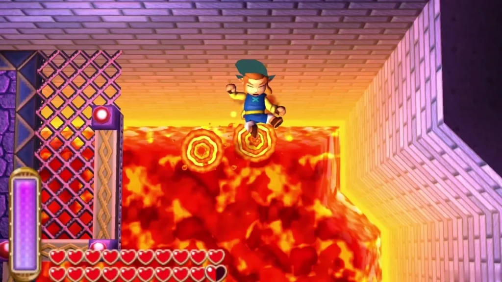 Link crossing the lattice bridges over lava on 1F Link crossing the lattice bridges over lava on 1F