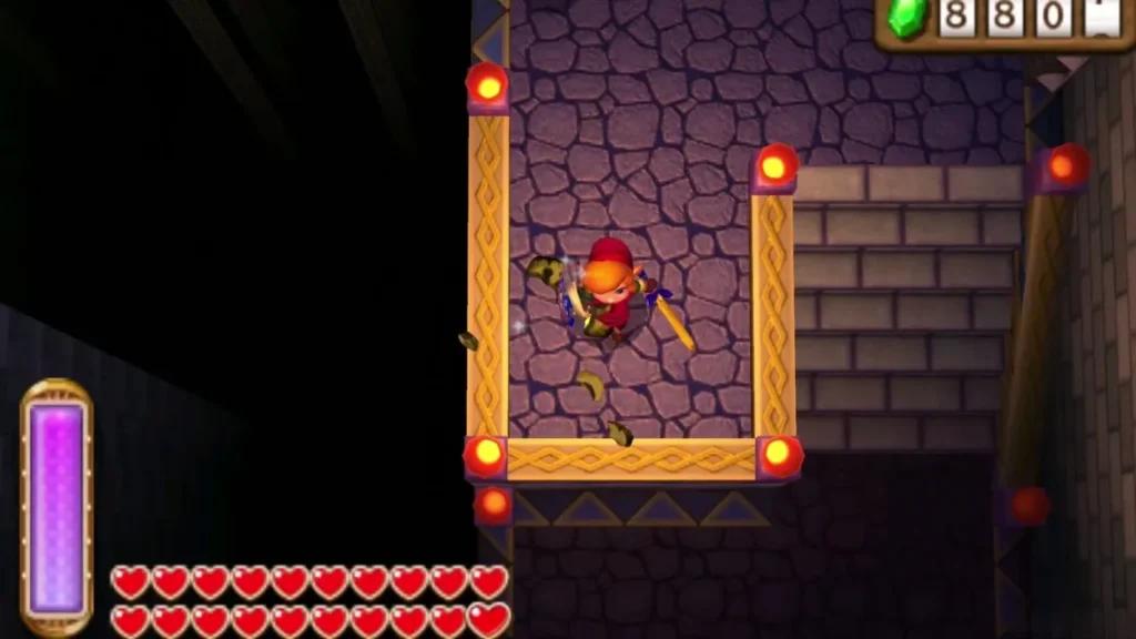 Link walking a torch-lit square path in the dark room, walls out of view Link walking a torch-lit square path in the dark room, walls out of view