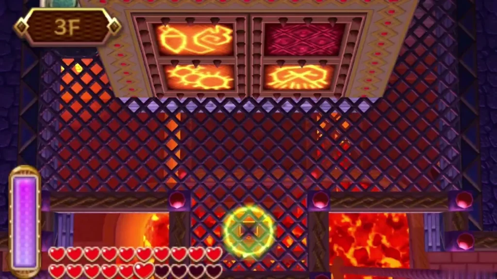 The 3F banner over the lit emblem panels and lava pit in Lorule Castle The 3F banner over the lit emblem panels and lava pit in Lorule Castle