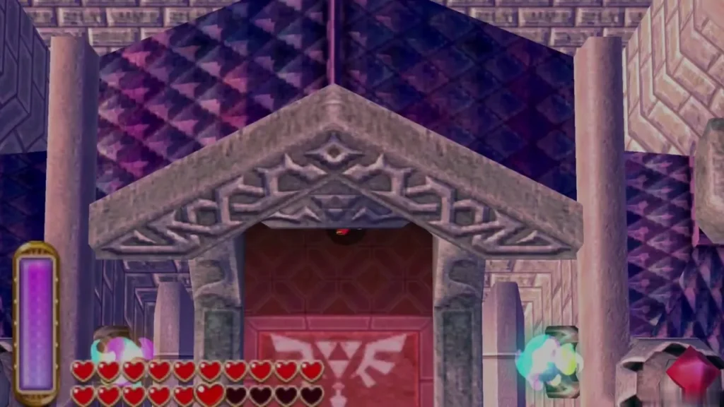 The large doorway with a Triforce emblem between the pillars of Lorule Castle The large doorway with a Triforce emblem between the pillars of Lorule Castle