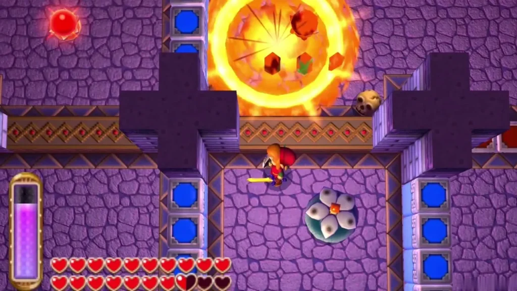 Link beside a bomb flower bulb as a bomb explodes against the wall above Link beside a bomb flower bulb as a bomb explodes against the wall above
