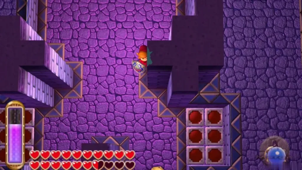 Link on the open floor beside red colour-switch blocks in the bomb maze Link on the open floor beside red colour-switch blocks in the bomb maze