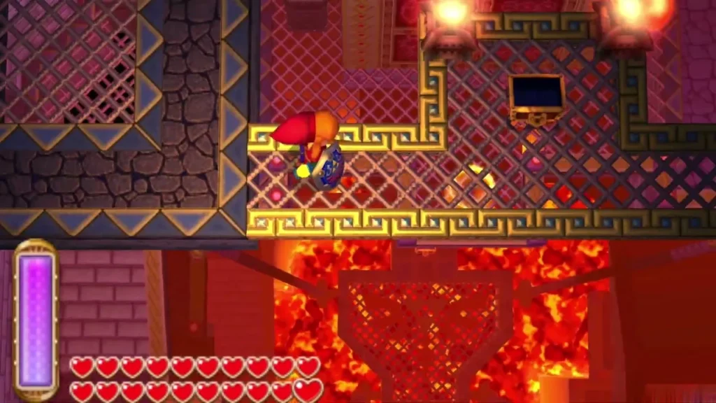 Link walking a gold grated path toward a chest above the lava floor Link walking a gold grated path toward a chest above the lava floor